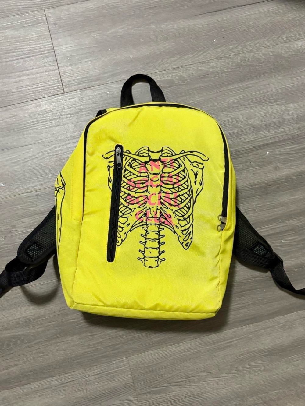 Anti Social Social Club Neon Yellow Backpack with Skeleton Graphic